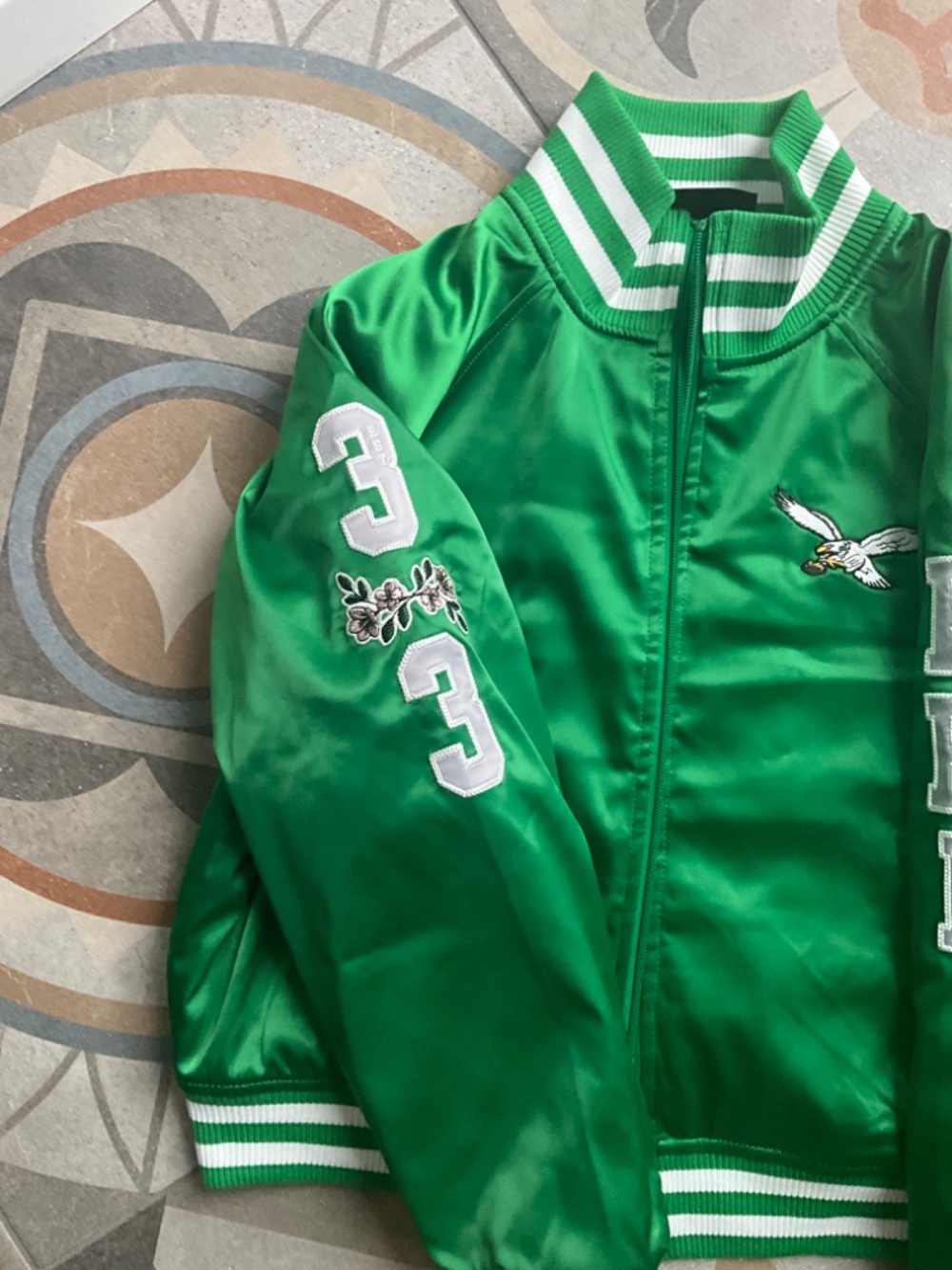 The Wild Collective x Anthropologie Eagles Satin Bomber Jacket Size Small NWT - Picture 8 of 10